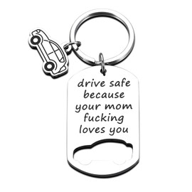 Funny Drive Safe Keychain for Her Him, Coolest Gifts for 19 Year Old Boy, Son Daughter Keychain Gifts from Dad Mom, New Driver Gifts for Boys Girls, Valentines Day Gifts for Kids Teens, Car Key Chain