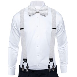 DiBanGu White Bow Tie and Suspenders for Men 6 Clips Adjustable Y Braces Paisley Pocket Square Cufflinks