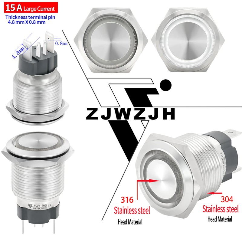 UL Listed 15Amp 19mm Latching Push Button Switch 110V-120V Waterproof