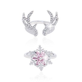 BYETOCE Christmas Sterling Silver Ring Set Zircon Embellished Elk Antlers Ring Cute Snowflake Pink Zircon Crystal Ring Christmas Jewelry Set Opening Adjustable Rings for Women