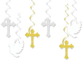 6 Pcs First Communion Decorations, Gold Hanging Swirls Decorations, Cross Hanging Streamers Party Ceiling Swirls Spiral, Bunting Banner, Outdoor Indoor Background Baptism Party ‌Ornament