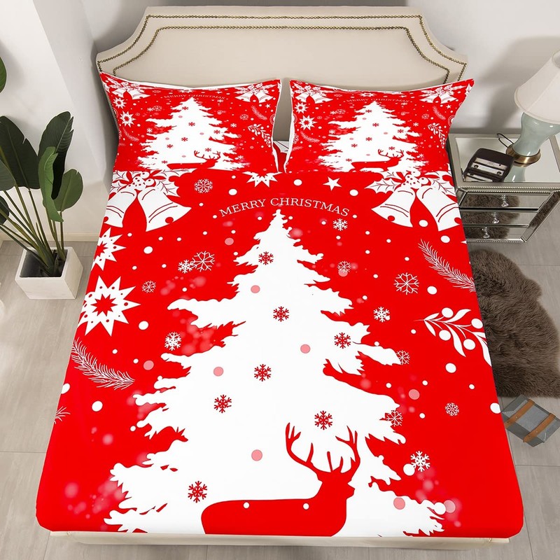 Feelyou Christmas Bed Sheets King Tree Snowflake Deer Pattern Printed