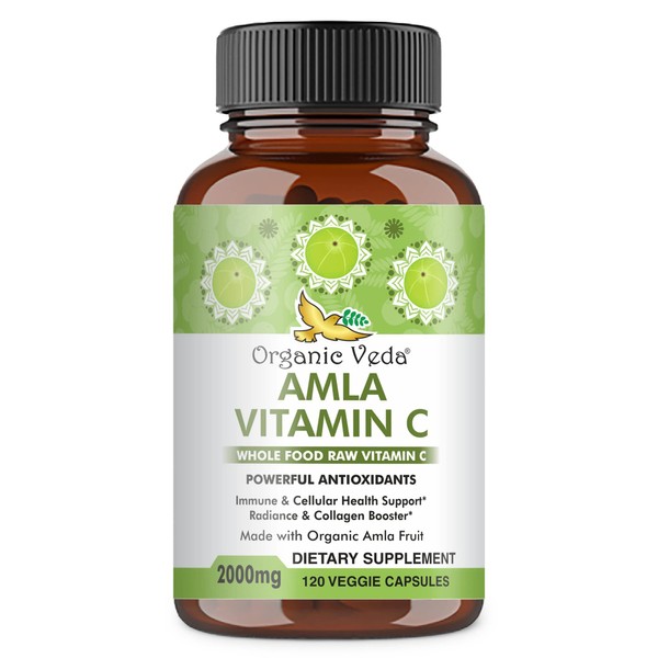 Organic Veda Amla Capsules Natural Vitamin C Supplements - Organic Whole Food Vitamin C Amla Powder for Immunity, Skin Radiance, Antioxidants Wellness - Non GMO, Raw Vegan Vitamin C Capsules 120