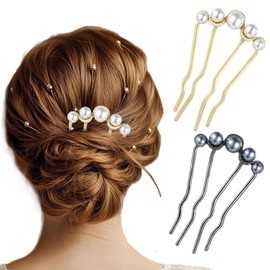 Pack of 2 U-Shaped Pearl Hair Pins, Metal Hair Pins, Vintage Style French Hair Pin for Women and Girls, U Shape Hair Pins for Party Decoration
