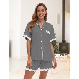 MORFORU Pajamas for Women Set 2 Pcs Lace Short Sleeve Shorts Pjs Button Down Sleepwear Lounge Set with Sleep Mask, Hairband (M) Grey