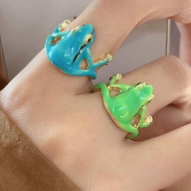 Volare 2 PCS Frog Ring for Women Cute Frog Rings Blue Green Frog Ring Adjustable Statement Ring for Women Men Frog Jewelry, Metal, No Gemstone