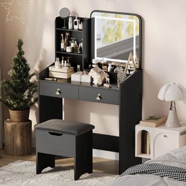 GAOMON Vanity Desk with LED Light Mirror and Charging Station,Small Makeup Vanities Set with 2 Drawers,Vanity for Girls Women with Storage Stool,Vanity Table for Bedroom(White + Black Tabletop)