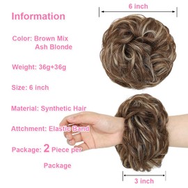 YOLANFAIRY 2PCS Messy Bun Hair Piece Wavy Curly Tousled Updo Hair Buns Synthetic Chignon Elastic Hair Band Fake Bun Hair Pieces for Women (Brown Mix Ash Blonde, 2PCS Same)