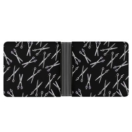 Hairdressing Scissors Seamless On Black Soft PU Leather Bifold Wallet, Coin Purse Credit Pass Case, Durable Card-Holder Slim Billfold for Men Woman Money Storage