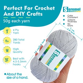 2 Skein（2×50g）Crochet/Knitting Yarn，Soft Fluffy 100% Acrylic Yarn，Pink，Blue，Brown，Black，White，Grey Yarn for Crocheting Clearance (Grey)