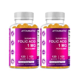 Vitamatic Folic Acid Gummies 1000 mcg (1 mg) – Essential Prenatal Vitamin B9 for Mom & Baby – 120 Vegan Gummies per Bottle – 2 Pack