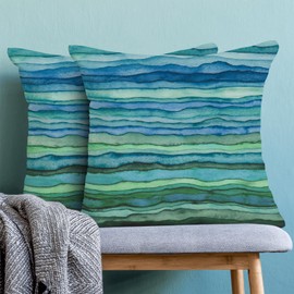 BETGINY Navy Blue Aqua Teal Pillow Covers 20x20,Watercolor Striped Waves Summer Outdoor Decorative Throw Pillows for Couch,Abstract Paint Gradient Sea Linen Decor Cushion Cover 2 Pcs for Bed Car Safa