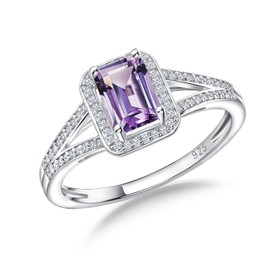 RANDES Purple Stone Ring 925 Sterling Silver Emerald Cut Ring Alexandrite June Birthstone Ring for Women Size 8