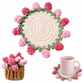 LLMSIX Handmade Rose Crochet Flower Coaster Set with Storage Basket