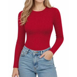 MANGOPOP Long Sleeve Thermal Shirts for Women Crew Neck Fitted Fleece Tops Trendy Going Out Fall Winter Womens Tops 2025 Red
