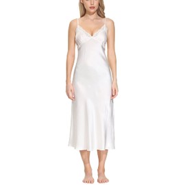 OSCAR ROSSA Women's Long Mulberry Silk Nightgown 100% Silk Full Slip Chemise with Charming Lace, Natural White, L