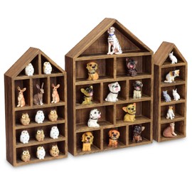 Ikee Design House-Shaped Wooden Shadow Cubby Box Display Shelf Organizer Storage Shadow Box for Mini Figures, Set of 3, Brown Color, 10 W x 2 1/4 D x 15 H in