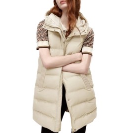 Tanming Women's Long Puffer Vest Casual Sleeveless Puffy Jacket with Removable Hood (Apricot-M)