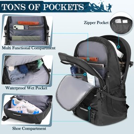 RAINSMORE HIking Backpack Camping Backpacks with Shoe Compartment & Wet Pocket Lightweight Travel Daypack for Men Women Hiking Bags for Outdoor Sport Climbing Camping Touring, Black