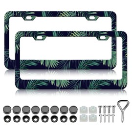 Dark Tropical Leaves License Plate Frames - 2 Pack Green Palm Tree License Plate Holder Covers,Stainless Steel Rust-Proof Waterproof Car Decorative Tag Frame for Standard US 12x6 Inch