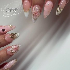 Almond Press on Nails Medium Fake Nails French Tip False Nails White Artificial Nails with Rhinestone Designs Pink Flowers Stick on Nails for Women 24pcs