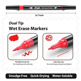 Wet Erase Markers Dual Tip, Lazgol 12 Assorted Colors, Dual Tip Brush & Fine Overhead Transparency Smudge Free Markers for Dry Erase Whiteboard, Refrigerator Calendars, Glass, Films and Any Kind of