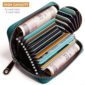 GADIEMKENSD Women Credit Card Holder Small Rfid Wallet Zipper Genuine Leather Accordion Wallets Case for Womens id Compact Slim Zip 12 Individual Credit Card Slots And 2 Cash Slots Blue