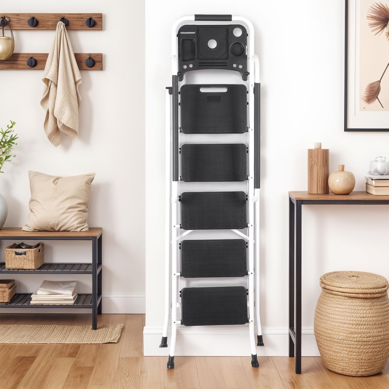 JungleA Step Ladder 5 Step Folding with Tool Tray, Wide