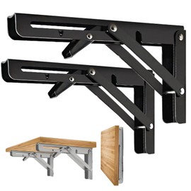 Folding Shelf Brackets, Heavy Duty Collapsible Shelf Bracket, Black DIY L Bracket for Workbench Folding Table Hinge,Pack of 2 (10 inches)