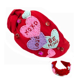 Miracle Collection Valentine's Day Cross Knotted Bead Headband Jeweled Beaded Heart XOXO Be Mine Hand Beaded Custom Headband for Valentine's Gift Women and Girls (XoXo/Love/Be mine-RD)