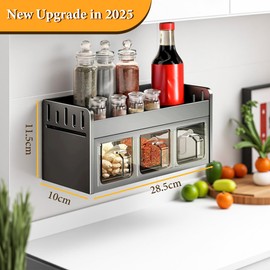 Homkdom 3 Grid Wall-Mounted Spice Organizer Set, Durable Aluminum Spice Rack with No-Drill Installation for Kitchen And Dining