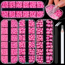 4 Boxes Flat Back Pearls Kit 12 Flatback Peach Half Round Pearls 3-10mm with Pickup Pencil and Tweezer for Home DIY and Professional Nail Art, Face Makeup and Craft