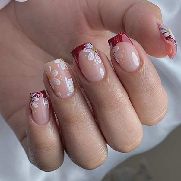Spring Press On Nails Red French Tip Fake Nails with