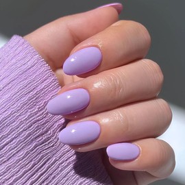KQueenest Acrylic Press on Nails Short Oval, Lilac False Nails Short Almond, Glossy Solid Color Round Fake Nails Set, Reusable Natural Gel Stick on Nail for Women Finger Daily Wear 24 Pcs