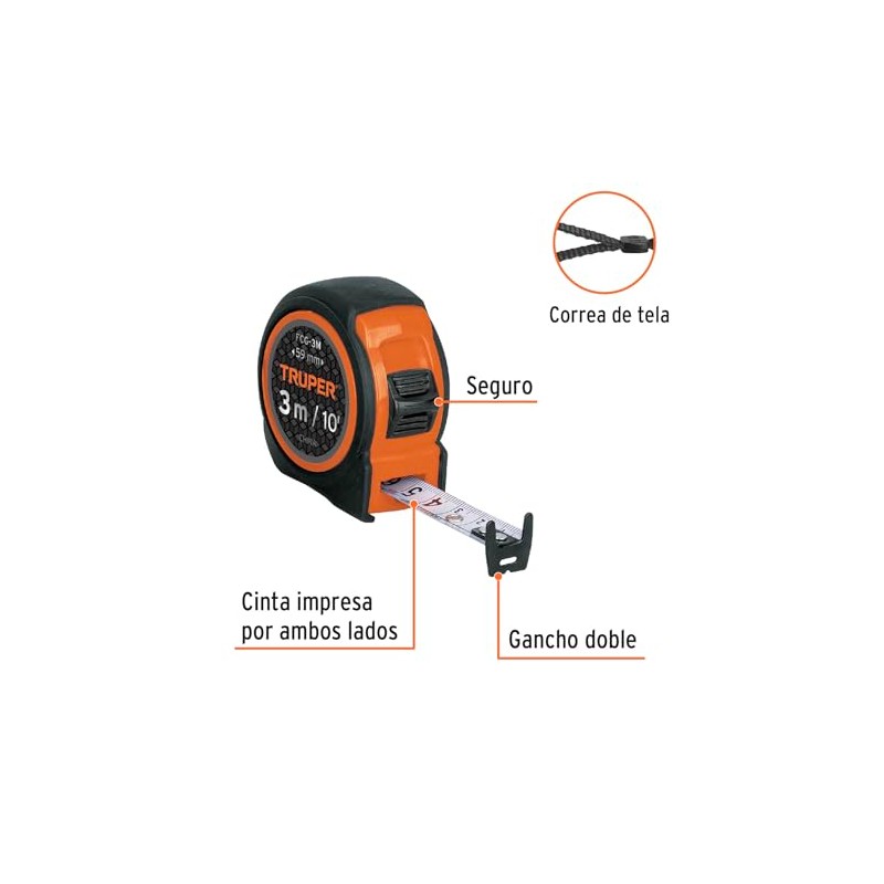 Truper FCG-3M, Flexómetro compacto contra impactos 3 m cinta 16
