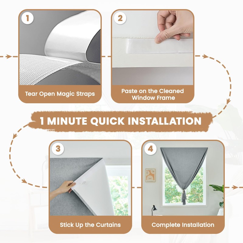 Jilron Adhesive Curtain,100% Blackout Curtains, No Drilling, Suitable for Multi-Scenes