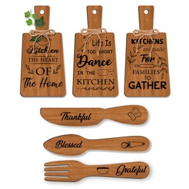 PH PandaHall 6pcs Kitchen Wooden Sign, Wall Decor Eat Wood Cutting Board Sign Dining Sign Farmhouse Tiered Tray Wall Art Rustic Hanging Fork Spoon for Home Kitchen Dining Living Room Bar Cafe Decor