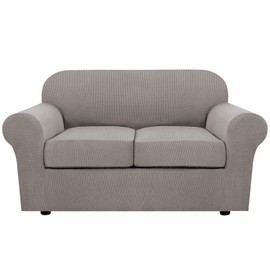 H.VERSAILTEX 3 Piece Stretch Sofa Covers for 2 Cushion Loveseat Couch - Thicker Jacquard Fabric (Medium Sofa, Taupe)
