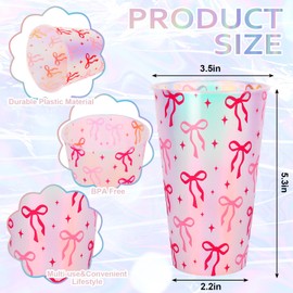 FYSUIMU 16Pcs Pink Bow Plastic Cups Iridescent Bow Themed Birthday Party Decorations 16oz Red Pink Disposable Cups for Girl Bachelorette Bridal Baby Shower Wedding Party Supplies