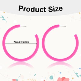 Hot Pink Hoop Earrings Retro Neon Pink Dangle Earrings 80s 90s Earrings for Women Colorful Large Hoop Earrings Acrylic C Shape Trendy Chunky Earrings Candy Color Lightweight Big Hoop Statement Earring