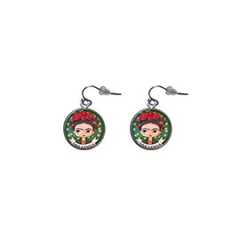 Stainless Steel Hanging Earrings, Diameter 20mm, Handmade,Illustration Frida Viva la Vida