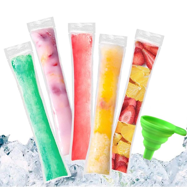 100 Pieces Pop Bags Pop Mould Bags Popsicle Pouches Mould Bags BPA Free Ice Pop Pouch with a Funnel for Yogurt, Ice Sweets, Ice Cream Party Favours