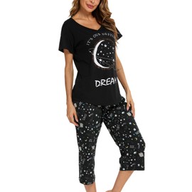 Womens Pyjamas -Short SleeveTops with 3/4 Pants PJs Sets-2 Piece Sleepwear (UK, Alpha, M, Regular, Regular, black star)