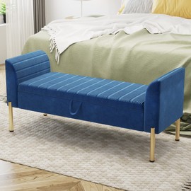 WENTMENT 52" Storage Bench, Upholstered Entryway Bench End of Bed Bench with Armrest & Large Storage Space for Living Room, Bedroom, Hallway and Window(Blue)