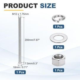 MECCANIXITY M12 x 200mm 304 Stainless Steel Hex Head Screws Bolts, Nuts, Flat & Lock Washers Assortment Kit, Fully Threaded, Bright Finish for Home, Electronic, Machine, 1 Sets