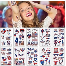 Independence Day Temporary Tattoo Kids Adults, 10sheets Fake Tattoos Waterproof Body Art Stickers USA National Flag Red White Blue for 4th of July Memorial Day Decoration