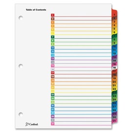 Cardinal OneStep Binder Dividers, 31-Tab, Customizable Table of Contents, Reversible Multicolor Tabs, Numbered 1–31, 1 Set (60118)