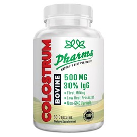 PHARMS Colostrum Bovine 500mg Capsules with 30% Immunoglobulin G (IgG) - First Milking, Low Heat Processed & Non-GMO - Cow Colostrum Supplement - 60 Capsules