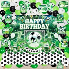 KOTLMIGHT Green Soccer Party Decorations for Girls, 172Pcs Green Soccer Ball Birthday Party Decor Supplies - Backdrop, Sticker, Balloons, Tablecloth, Hanging Swirls, Hat, Centerpieces, Wall Signs