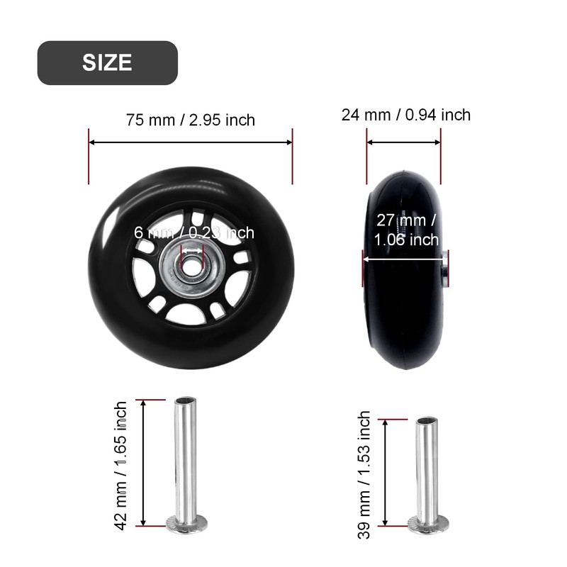 Joyangy 75 x 24mm Luggage Wheels Replacement, 2Pcs Rubber Suitcase